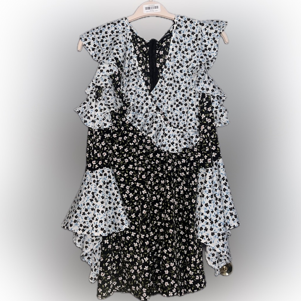 PrettyLittleThing Black and White with Blue Floral Pattern Dress